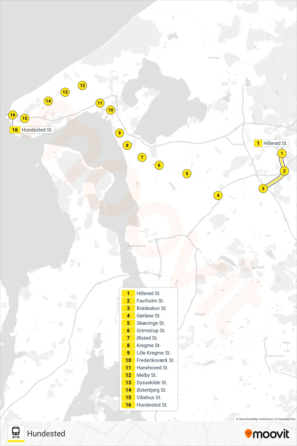 920R jernbane Linje (Hundested) rute og stop på et kort