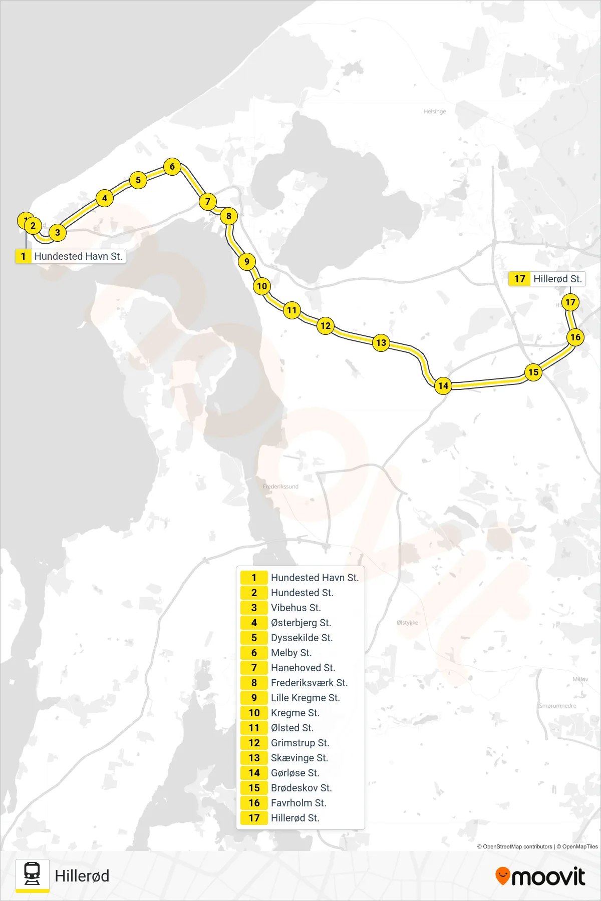 920R jernbane Linje (Hillerød) rute og stop på et kort