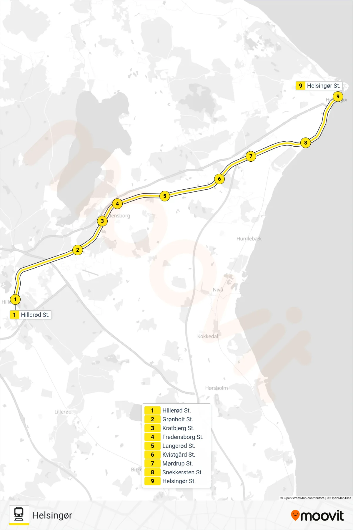 930R jernbane Linje (Helsingør) rute og stop på et kort