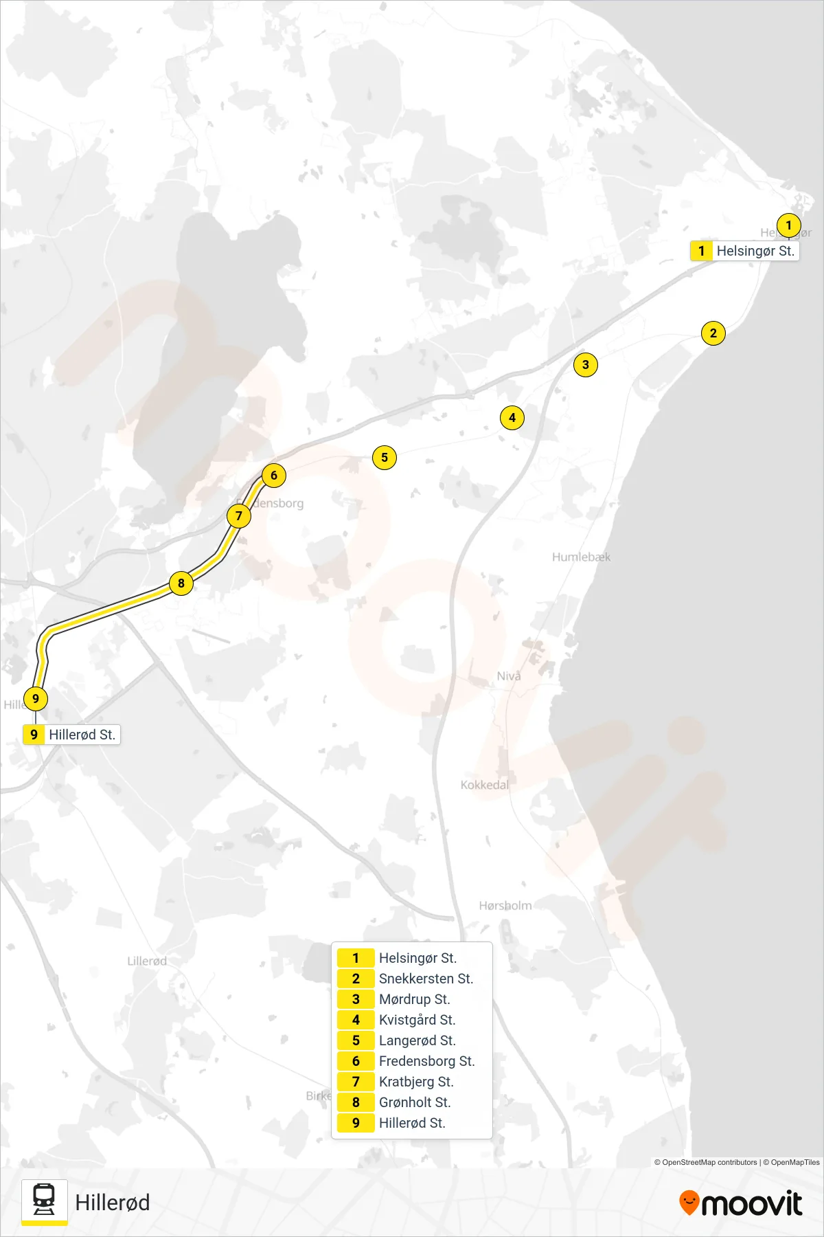 930R jernbane Linje (Hillerød) rute og stop på et kort