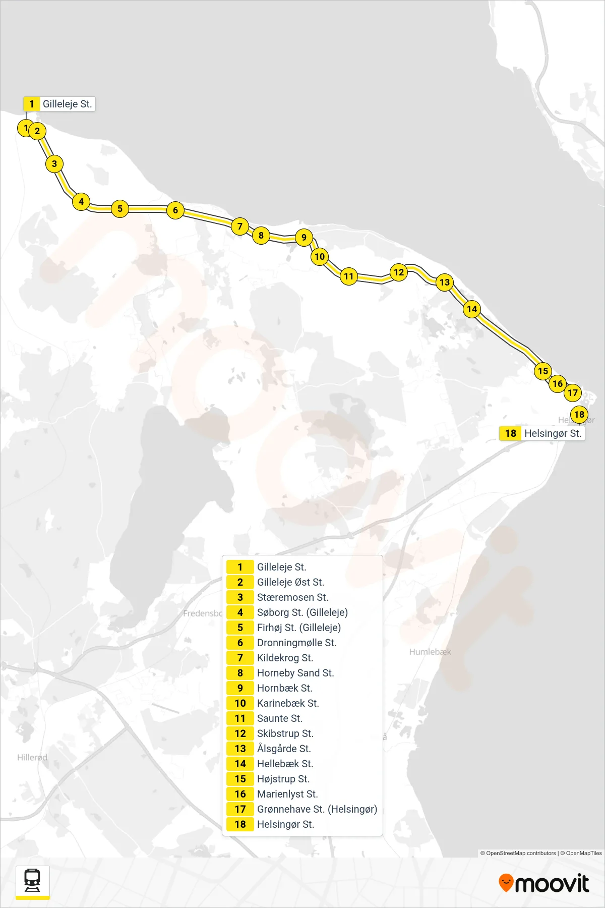 940R jernbane Linje (Helsingør) rute og stop på et kort