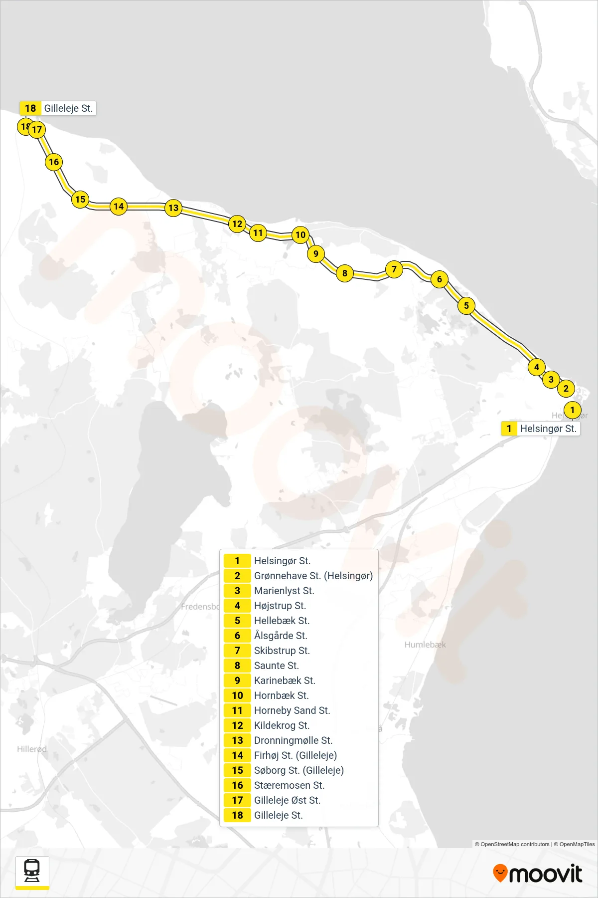 940R jernbane Linje (Gilleleje) rute og stop på et kort