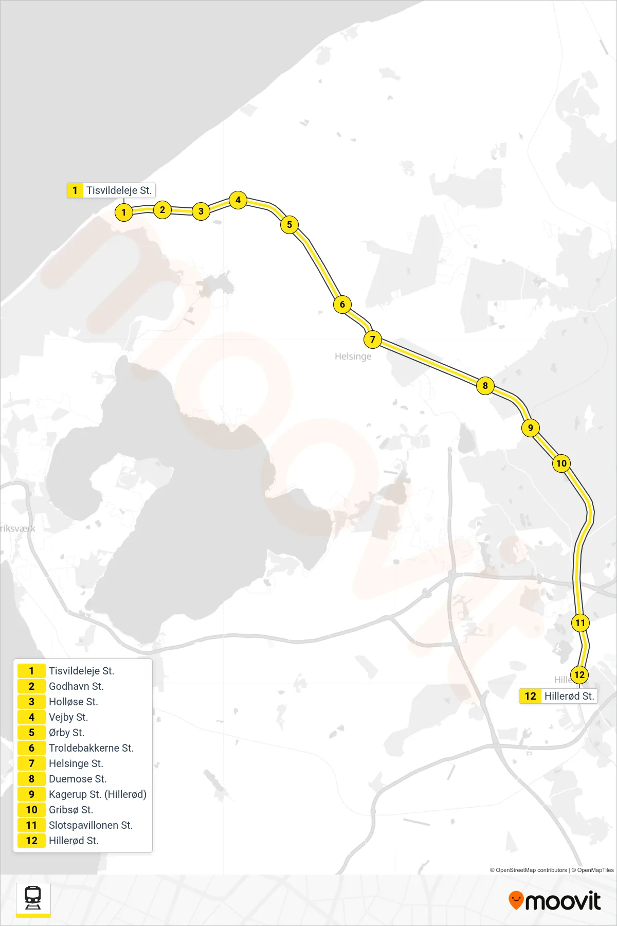 960R jernbane Linje (Hillerød) rute og stop på et kort