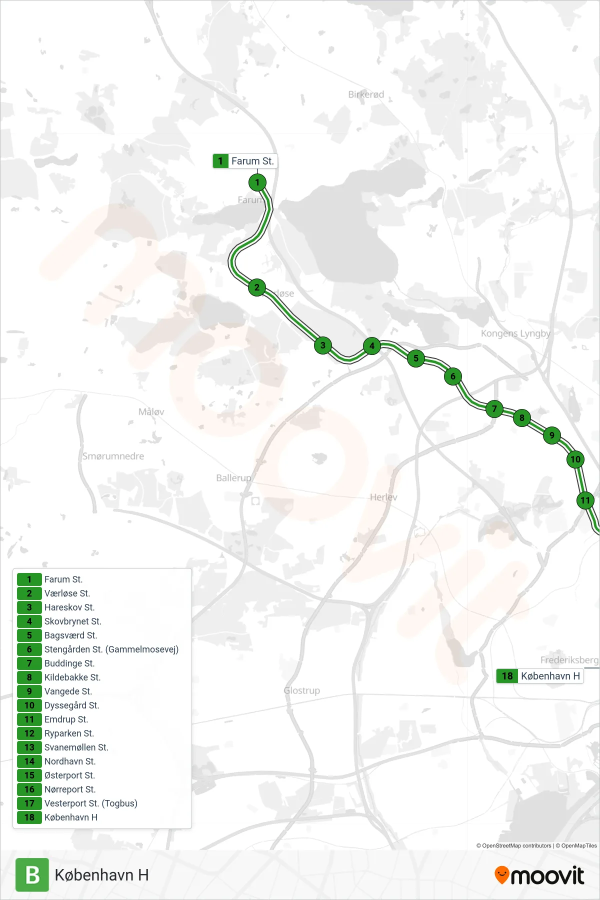 B jernbane Linje (København H) rute og stop på et kort