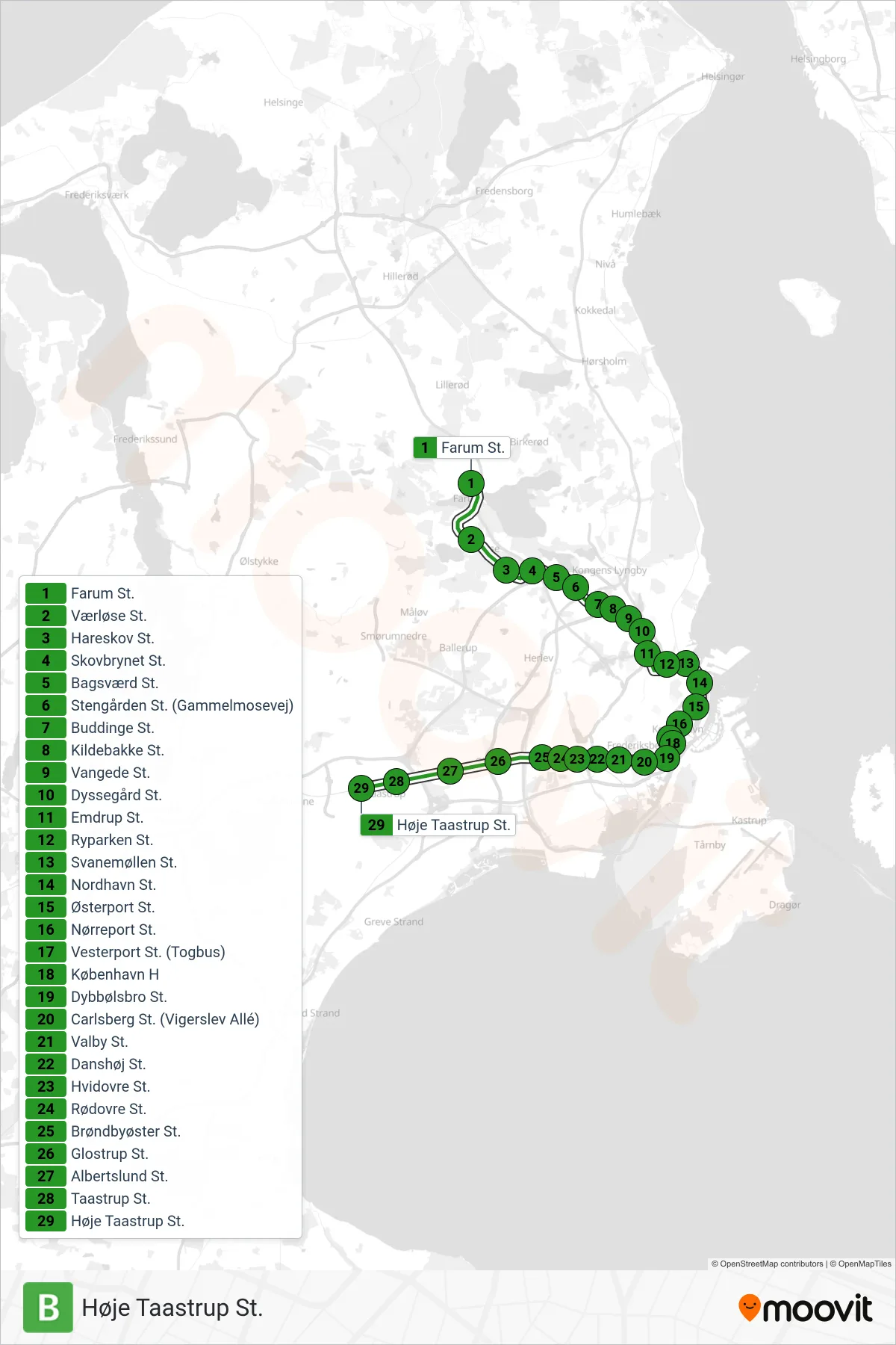 B jernbane Linje (Høje Taastrup St.) rute og stop på et kort