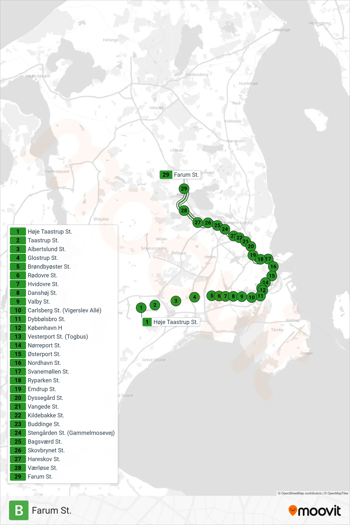 B jernbane Linje (Farum St.) rute og stop på et kort