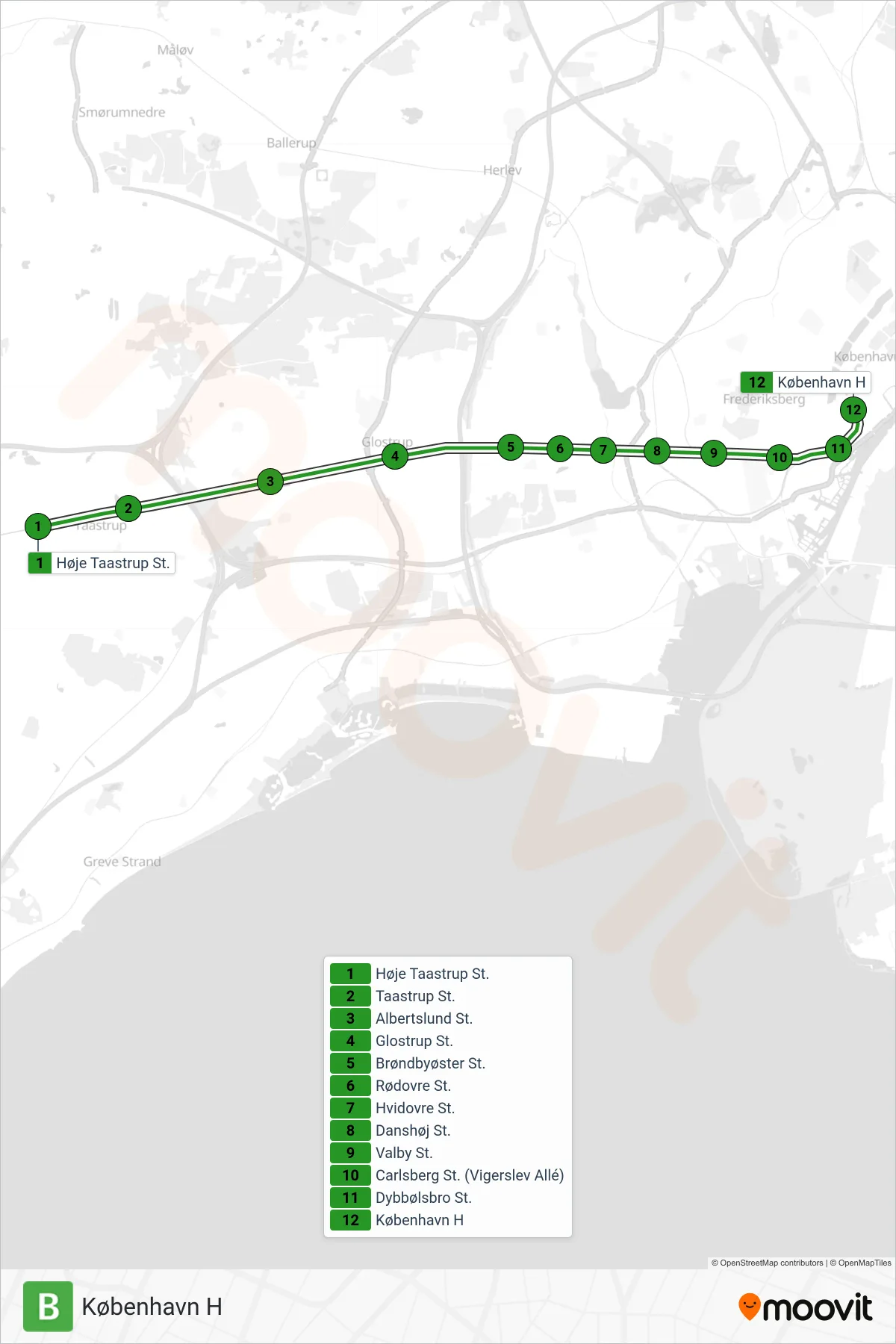 B jernbane Linje (København H) rute og stop på et kort
