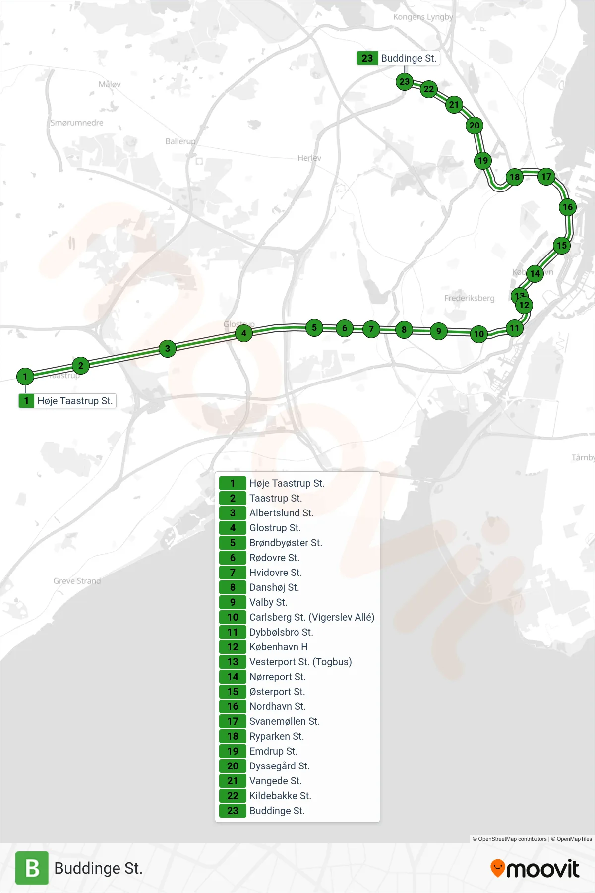 B jernbane Linje (Buddinge St.) rute og stop på et kort