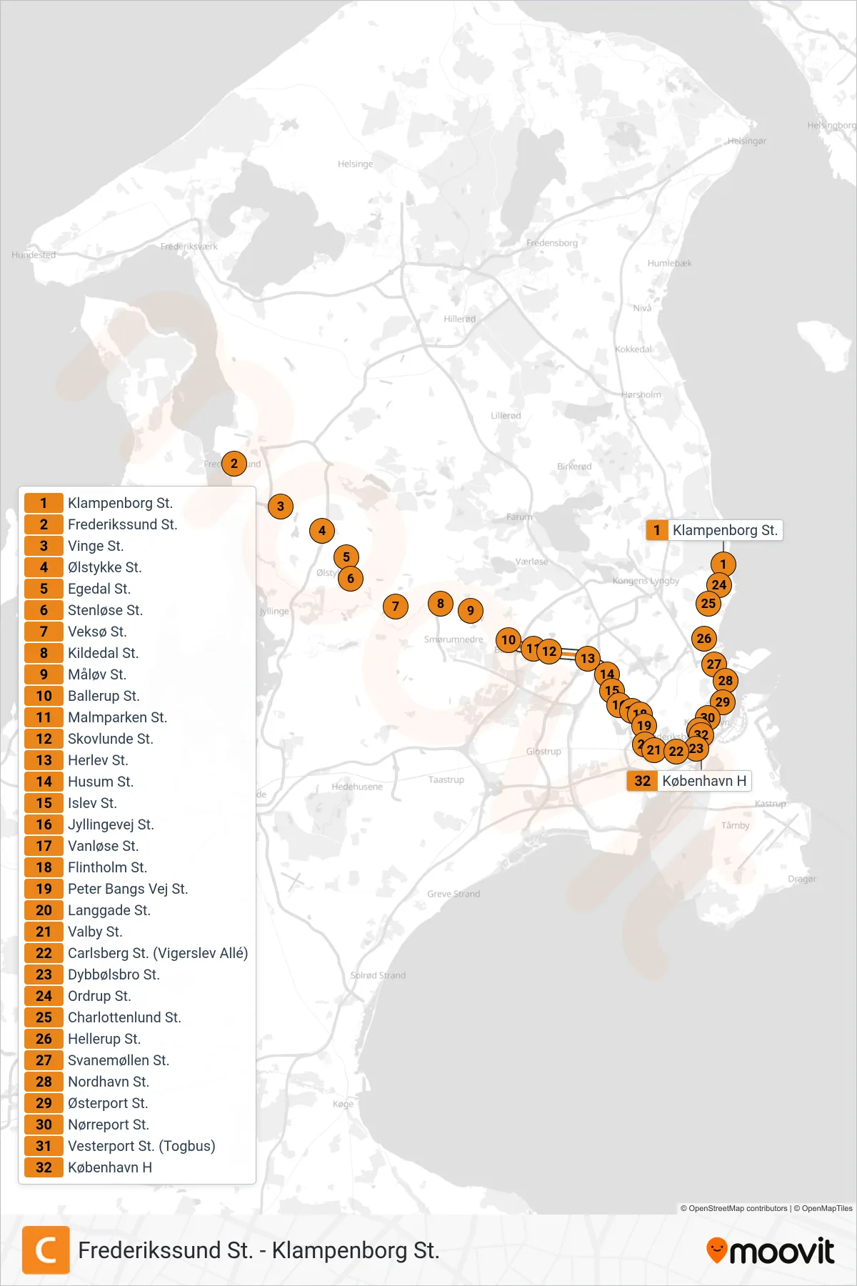C train Line (København H) route and stops on a map