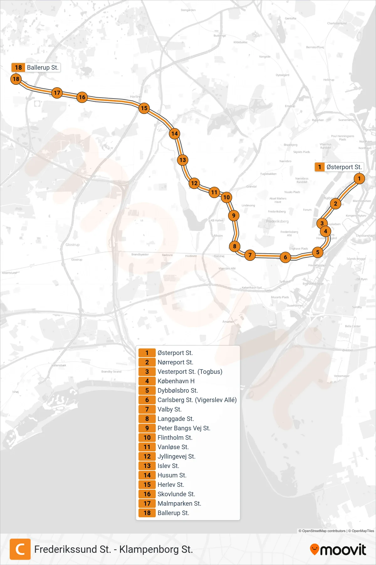 C rail Line (Ballerup St.) route and stops on a map