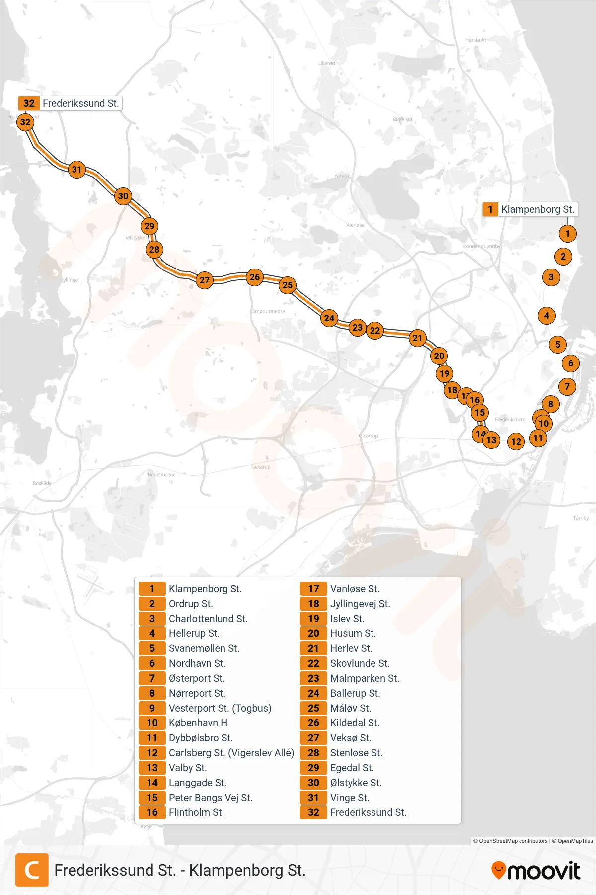 C jernbane Linje (Frederikssund St.) rute og stop på et kort