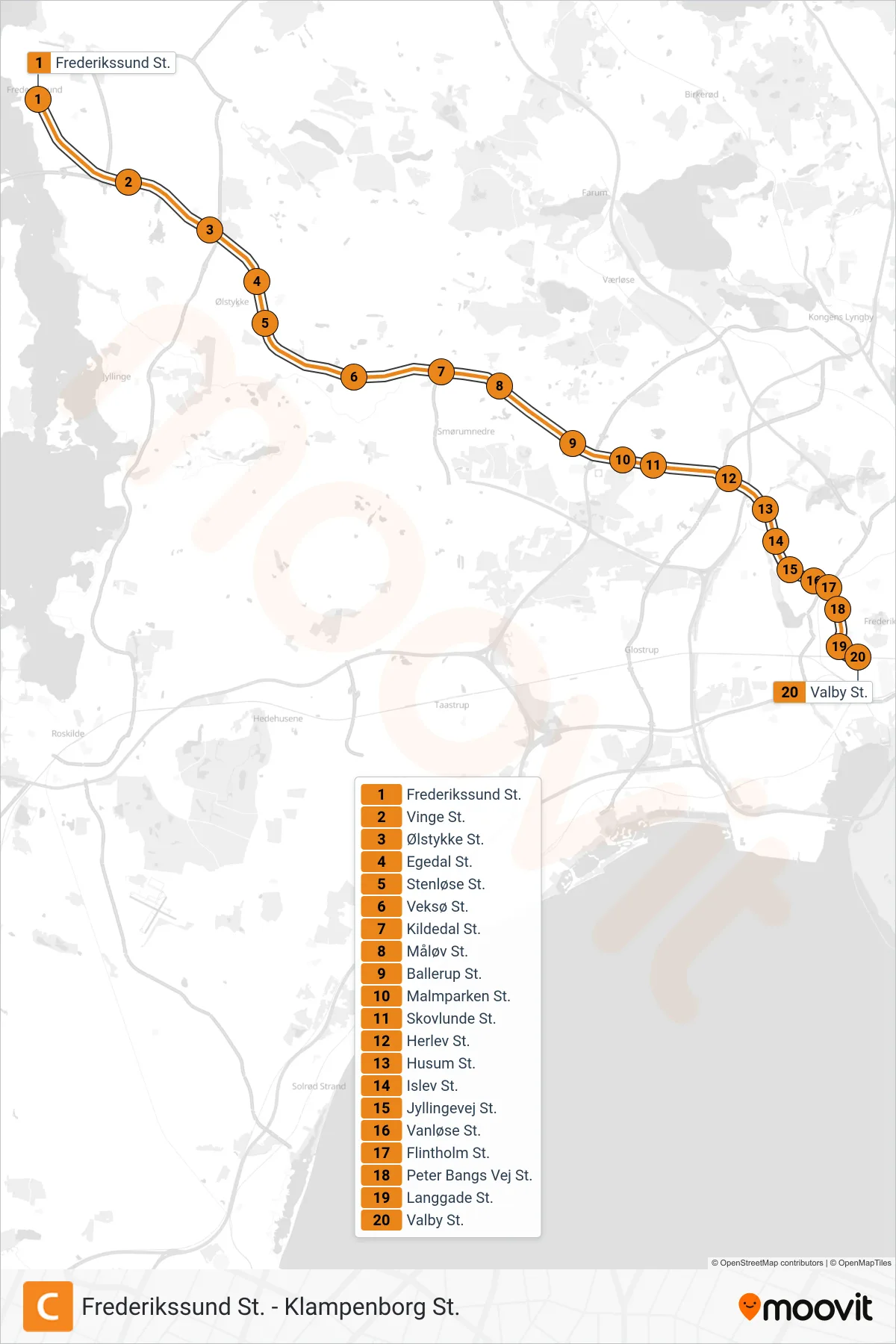 C train Line (Valby St.) route and stops on a map