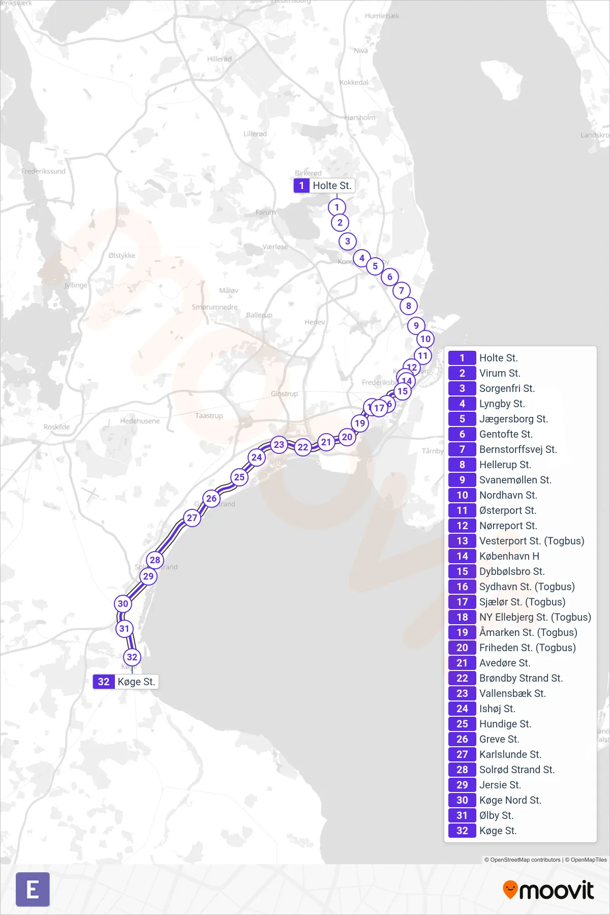 E jernbane Linje (Køge St.) rute og stop på et kort