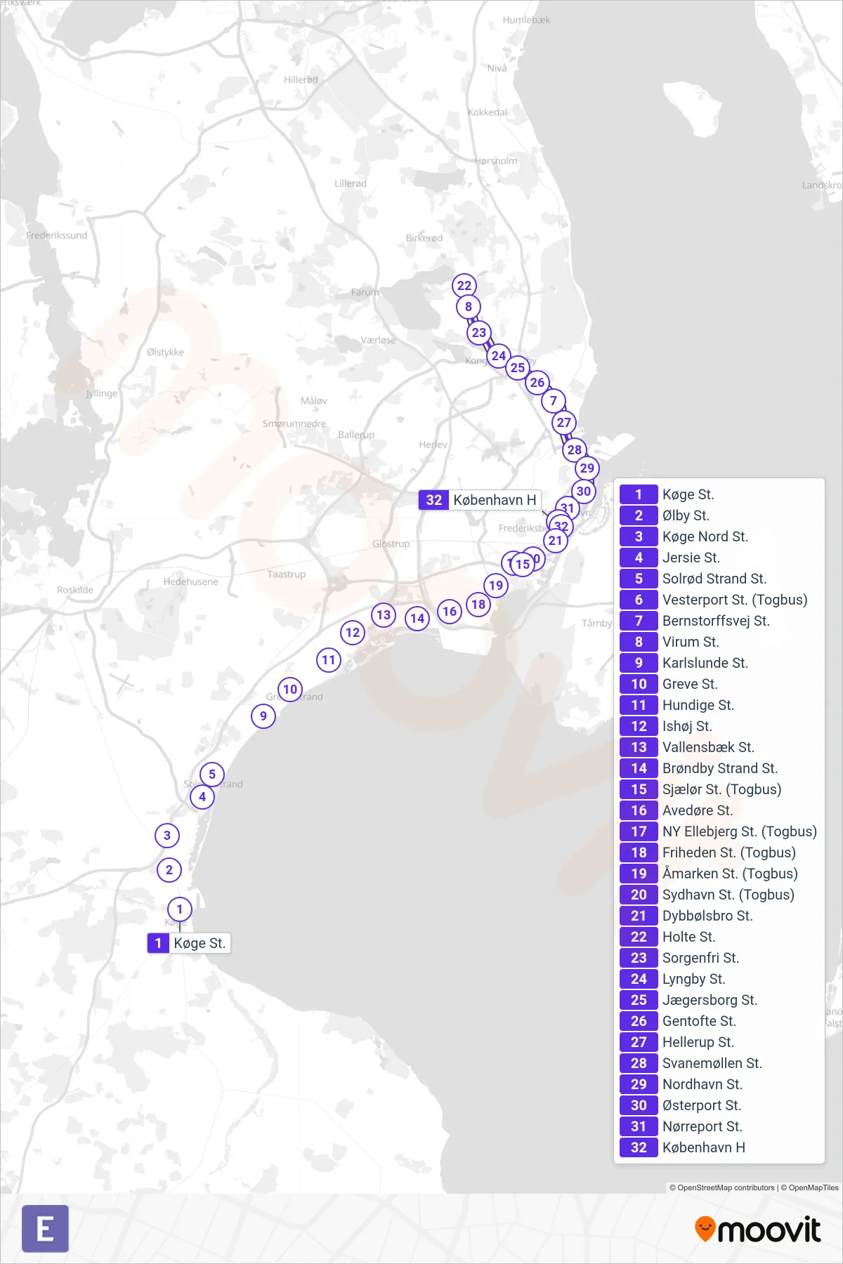 E jernbane Linje (København H) rute og stop på et kort