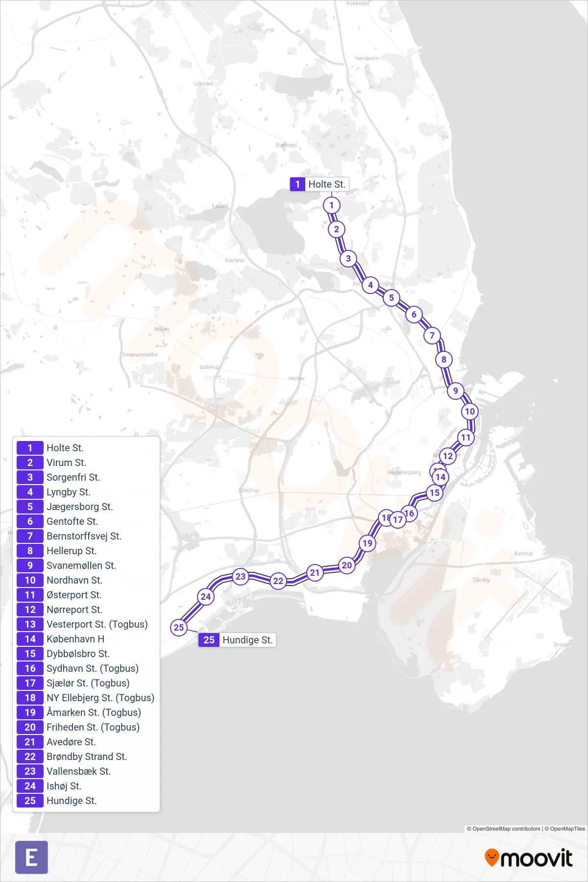E jernbane Linje (Hundige St.) rute og stop på et kort