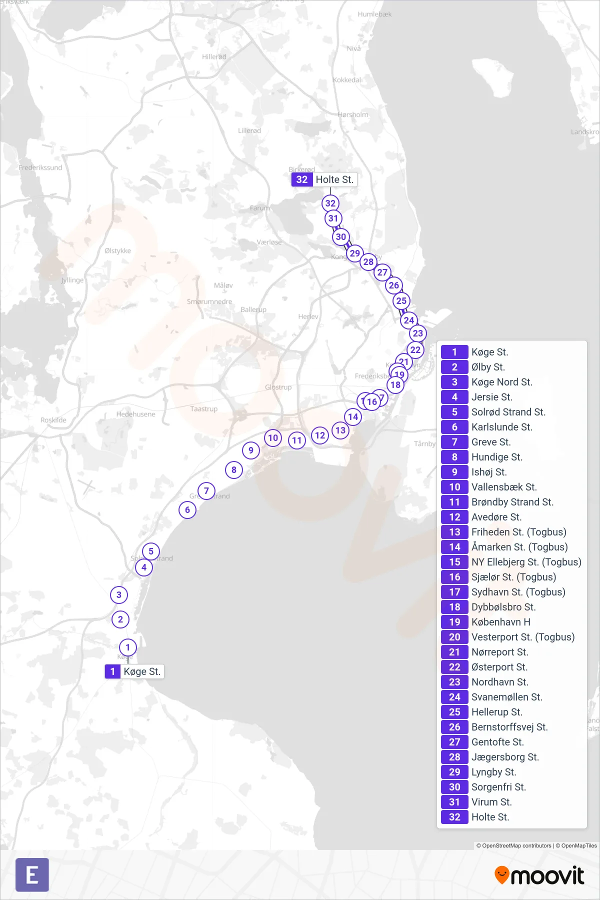 E jernbane Linje (Holte St.) rute og stop på et kort