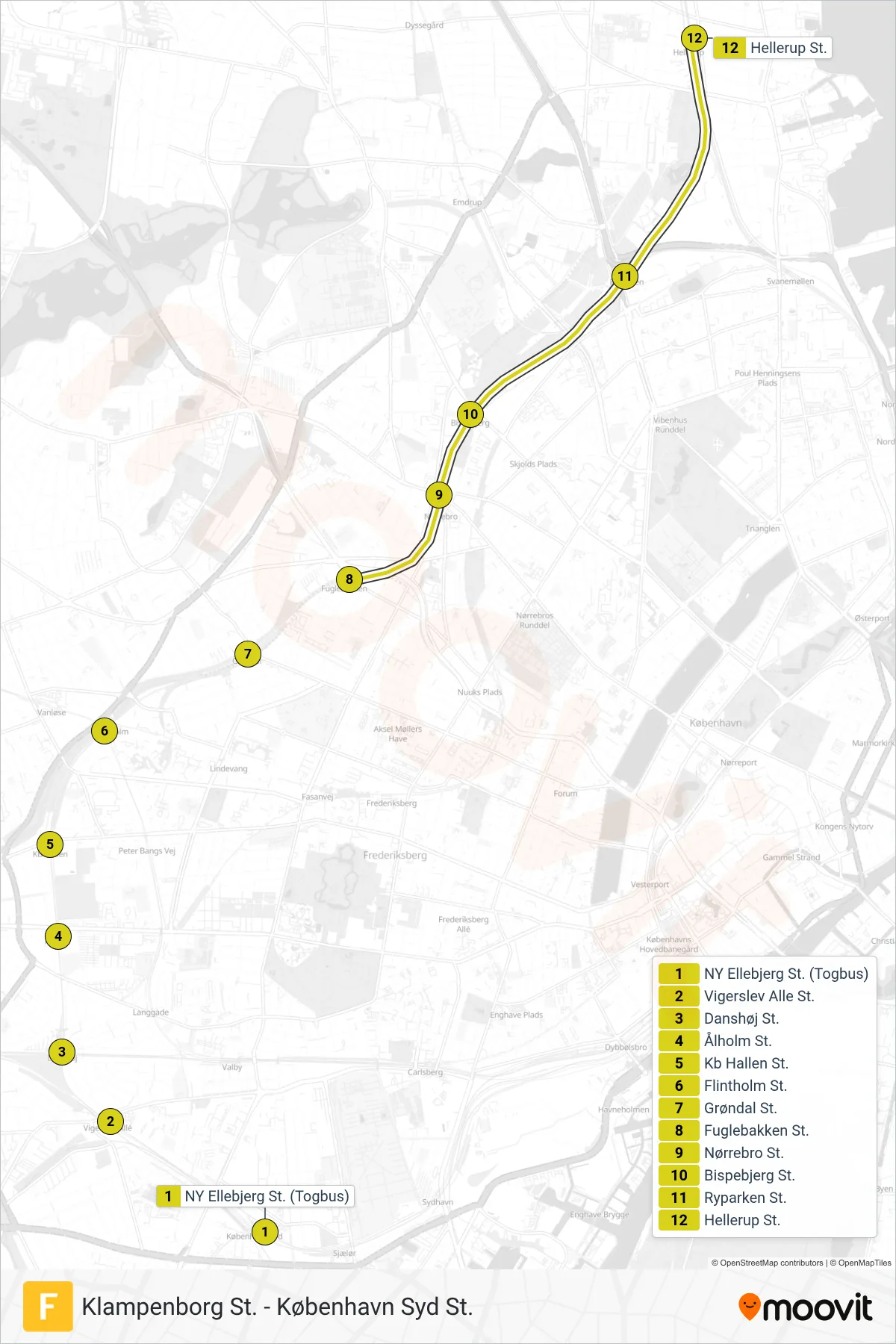F jernbane Linje (Hellerup St.) rute og stop på et kort