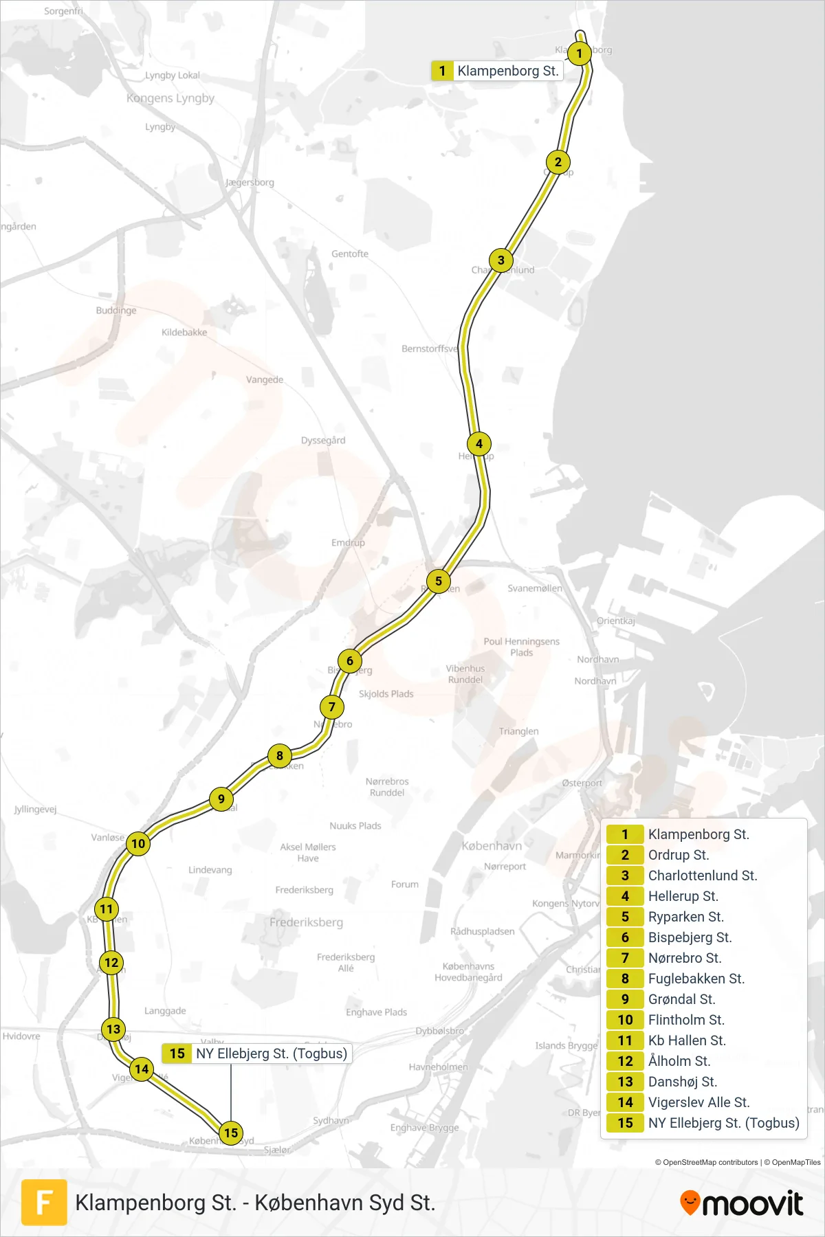 F jernbane Linje (NY Ellebjerg St.) rute og stop på et kort