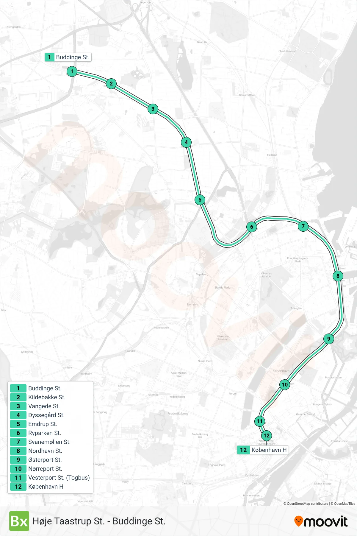 BX jernbane Linje (København H) rute og stop på et kort