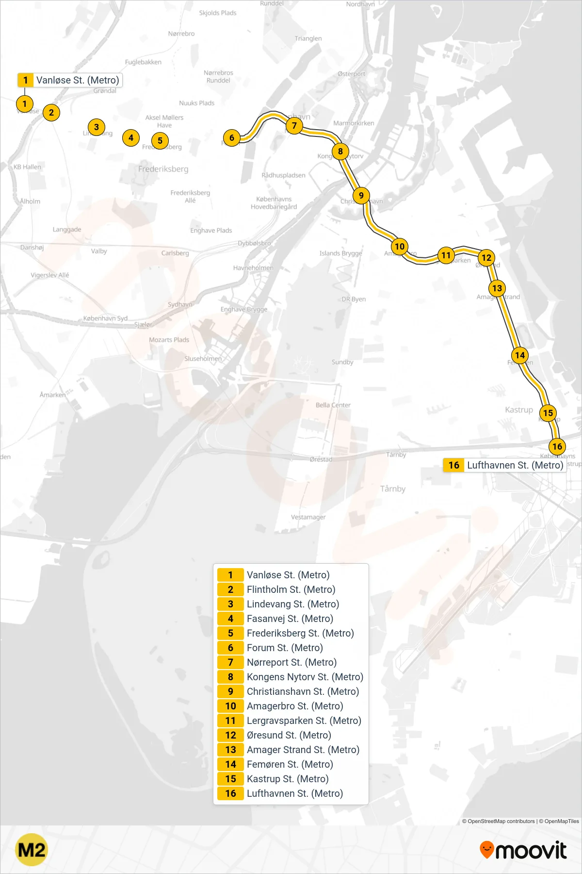 M2 metro Linje (Lufthavnen St.) rute og stop på et kort