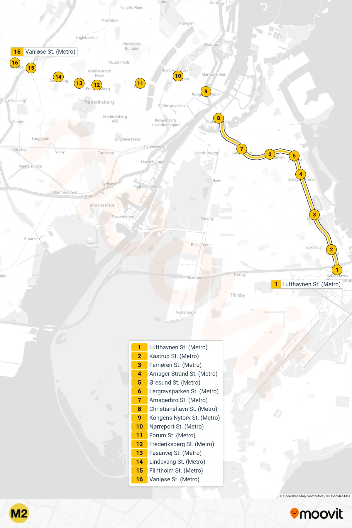 M2 metro Linje (Vanløse St.) rute og stop på et kort