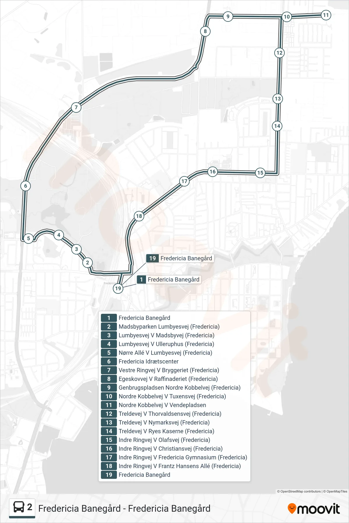2 bus Linje (Fredericia Banegård) rute og stop på et kort