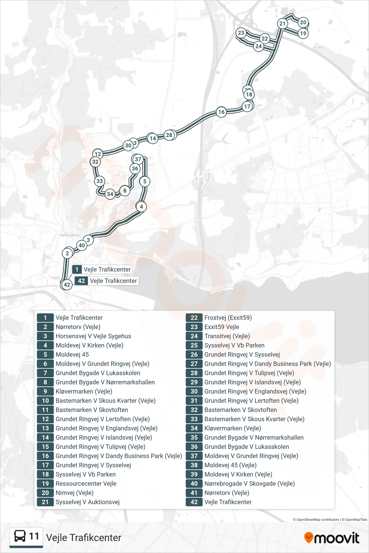 11 bus Linje (Vejle Trafikcenter) rute og stop på et kort