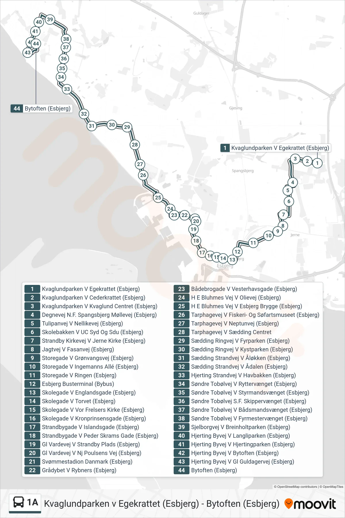 1A bus Linje (Bytoften (Esbjerg)) rute og stop på et kort