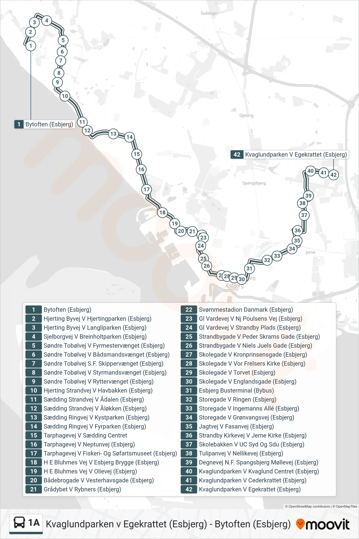 1A bus Linje (Kvaglundparken V Egekrattet (Esbjerg)) rute og stop på et kort