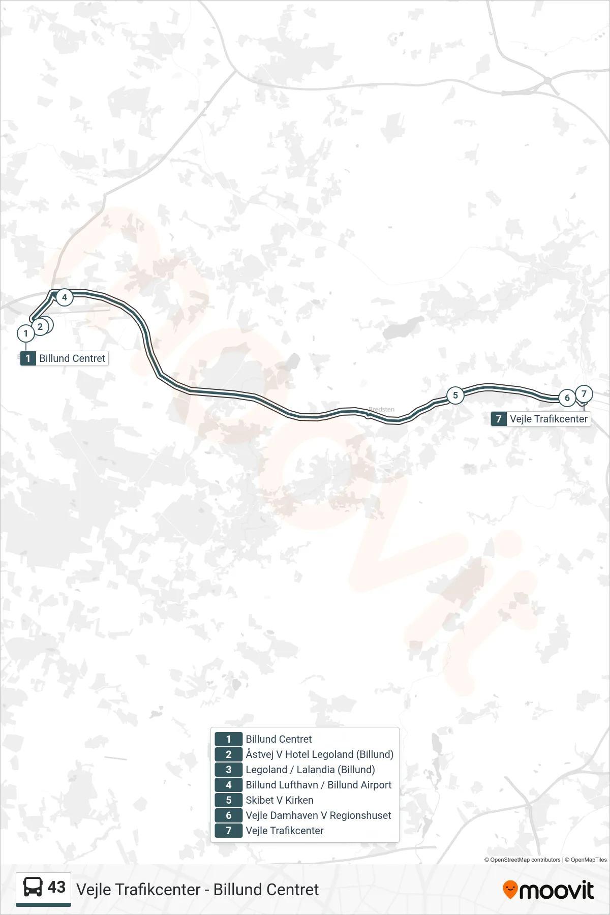 43 bus Linje (Vejle Trafikcenter) rute og stop på et kort