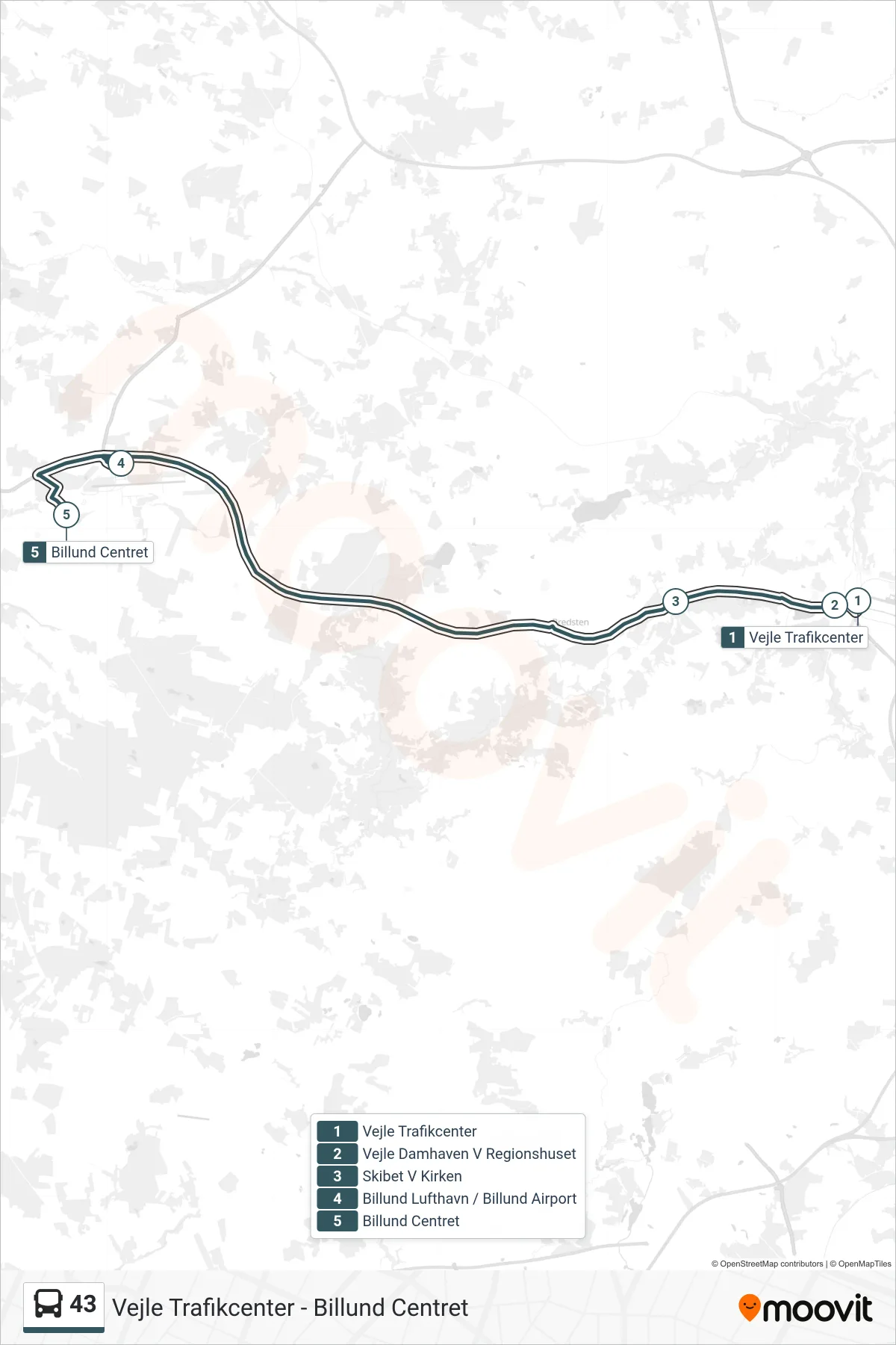 43 bus Linje (Billund Centret) rute og stop på et kort