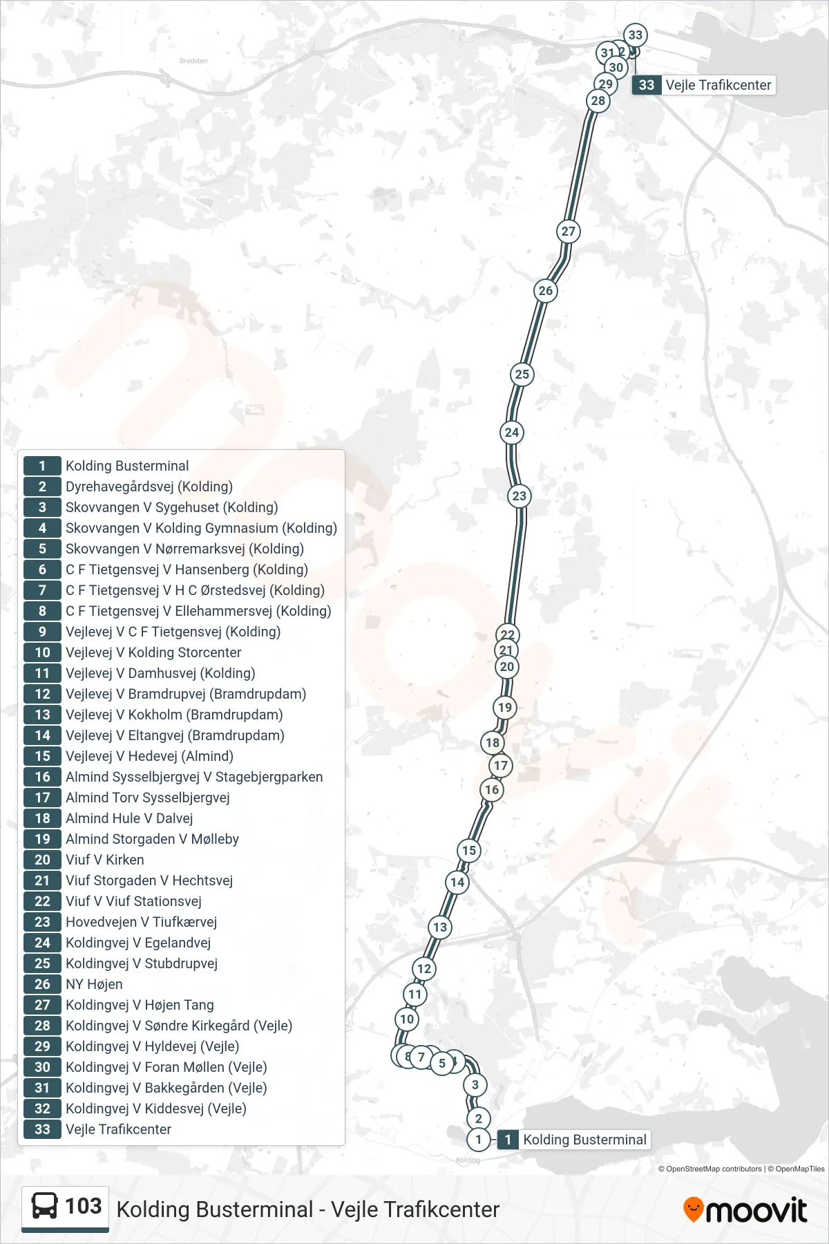103 bus Linje (Vejle) rute og stop på et kort