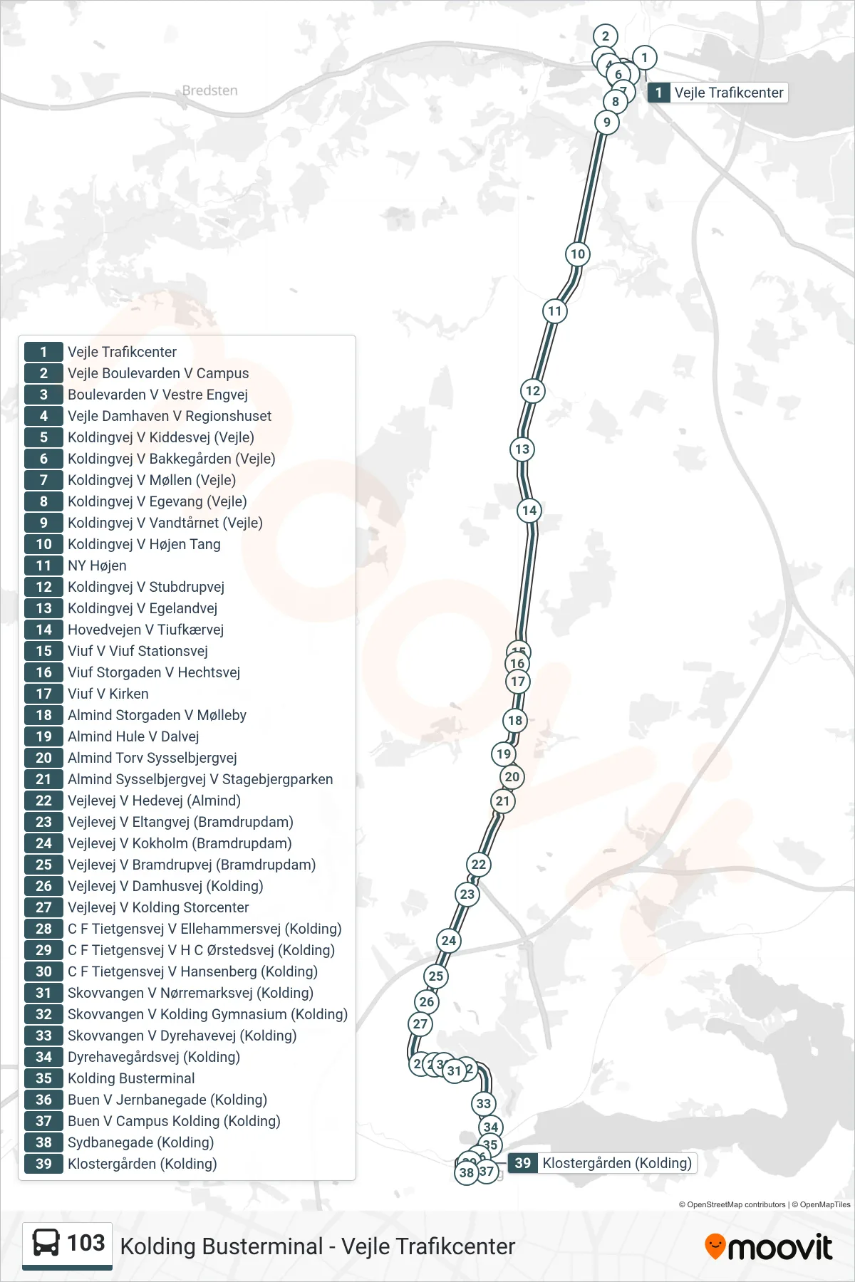 103 bus Line (Kolding) route and stops on a map