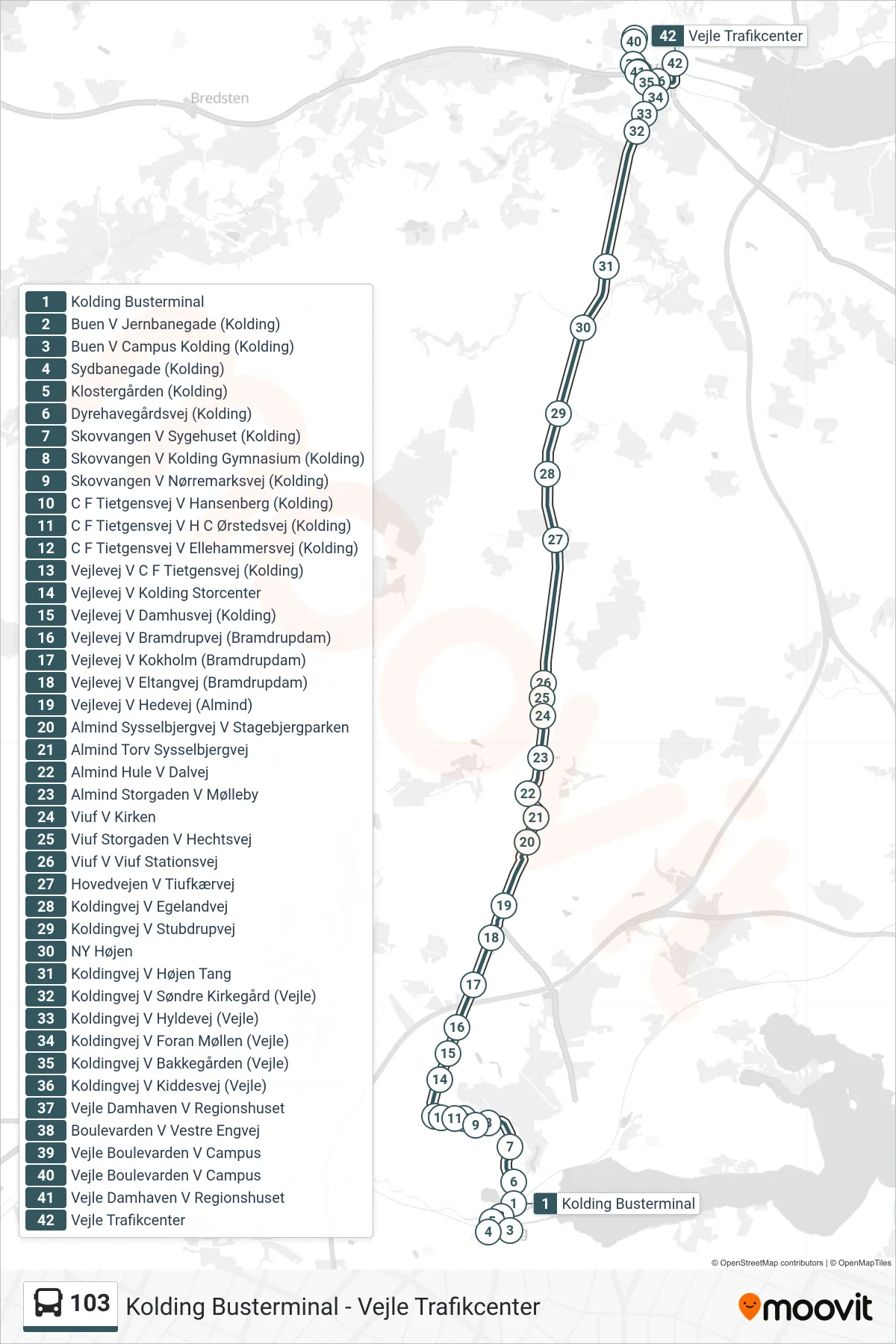 103 bus Linje (Vejle Trafikcenter) rute og stop på et kort