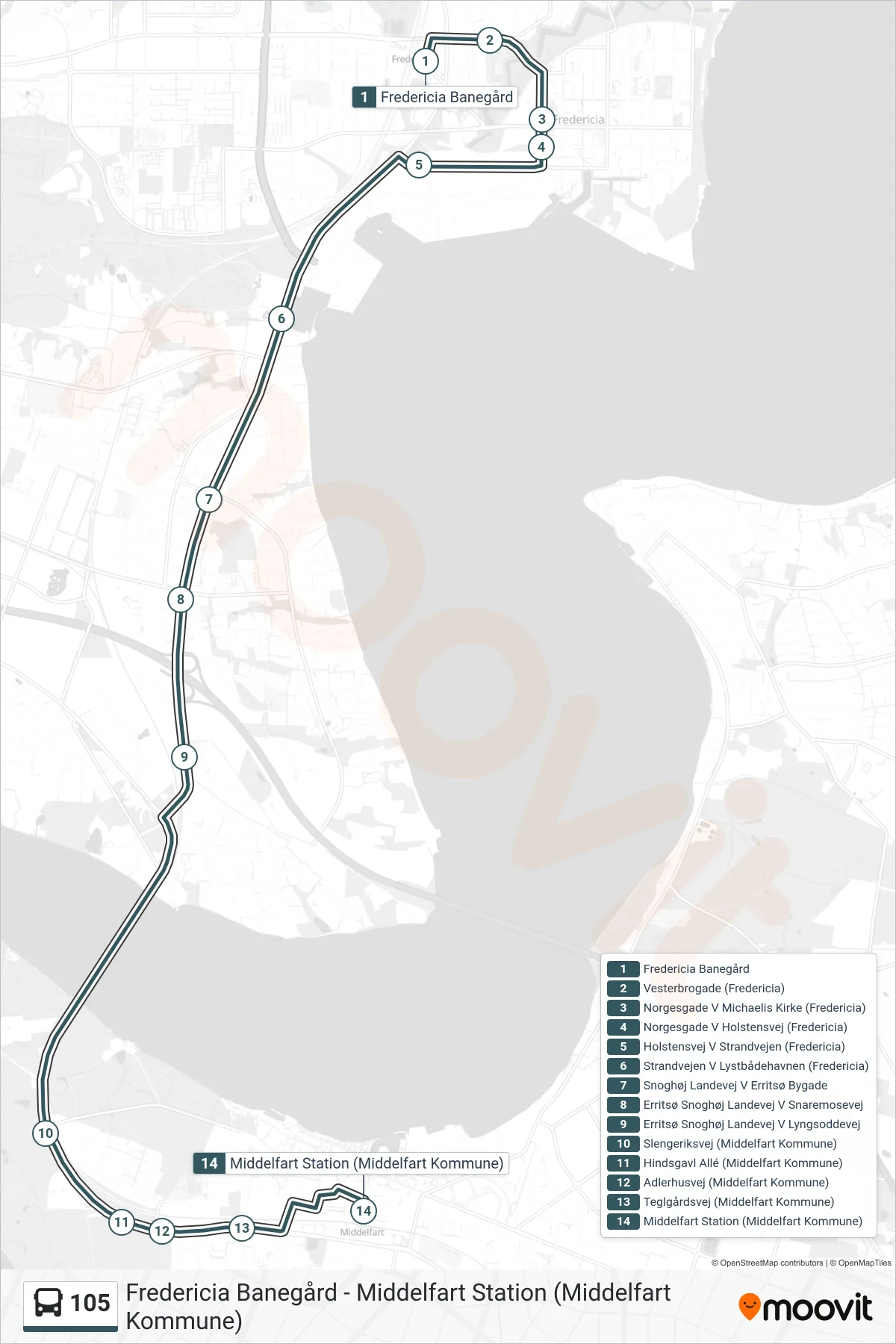 105 bus Linje (Middelfart) rute og stop på et kort