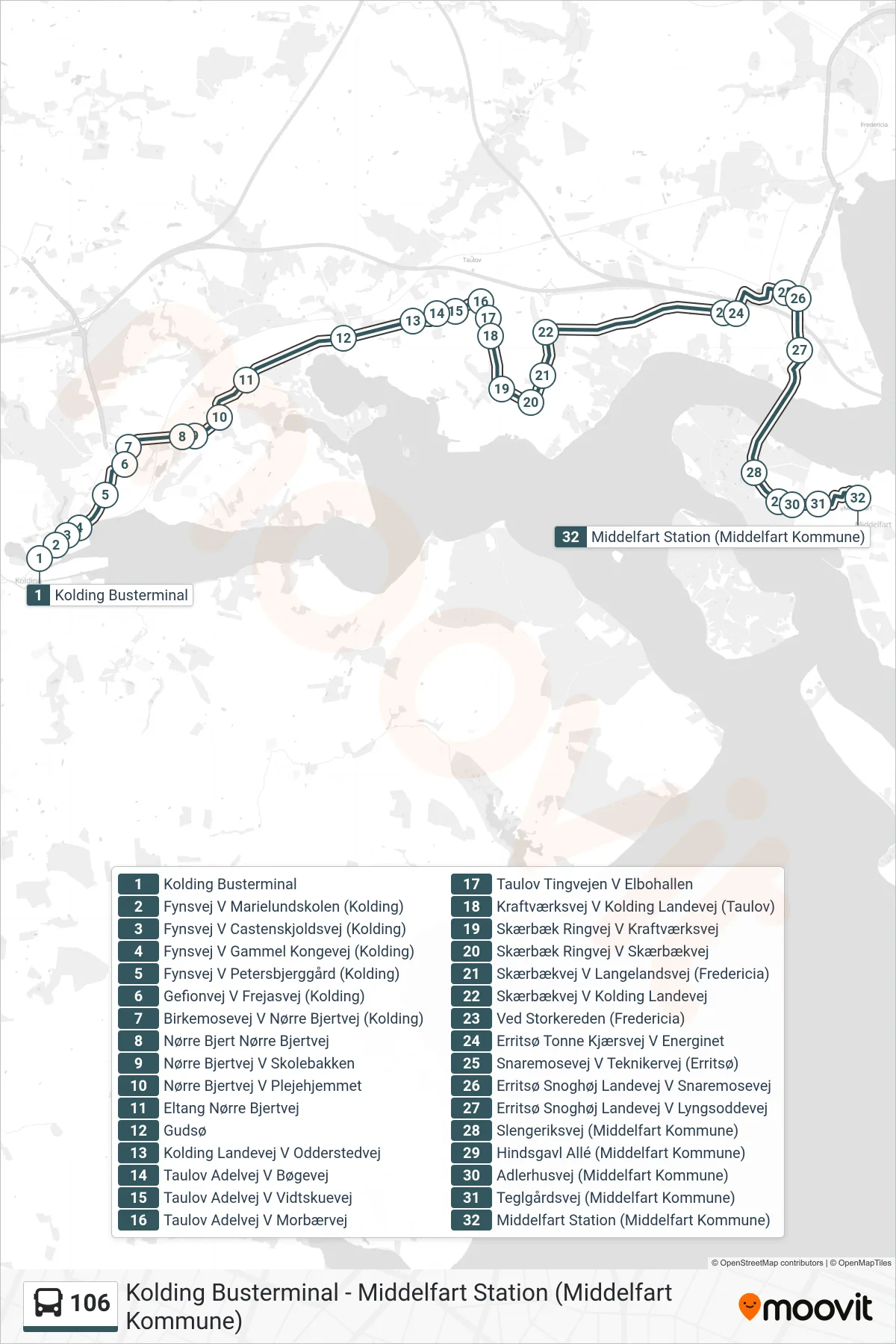 106 bus Linje (Middelfart Station (Middelfart Kommune)) rute og stop på et kort
