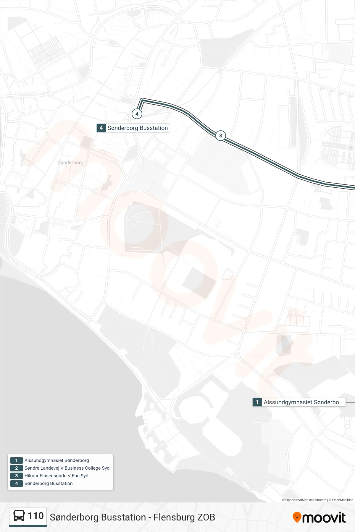 110 bus Linje (Sønderborg) rute og stop på et kort