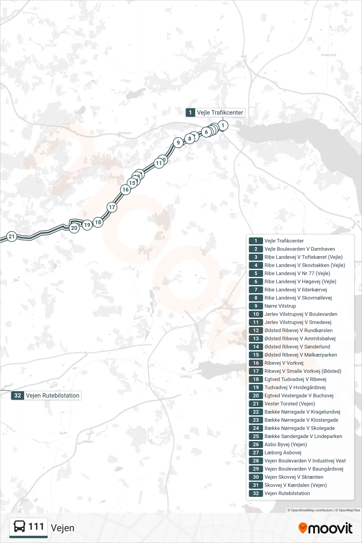 111 bus Linje (Vejen) rute og stop på et kort