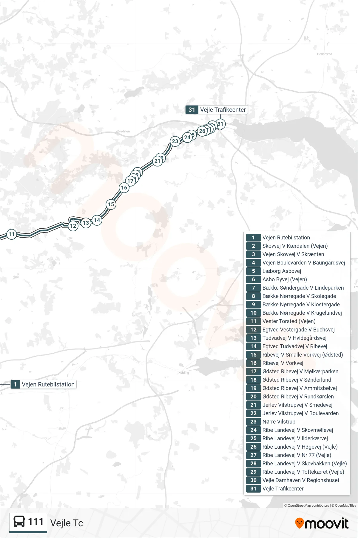 111 bus Linje (Vejle Tc) rute og stop på et kort