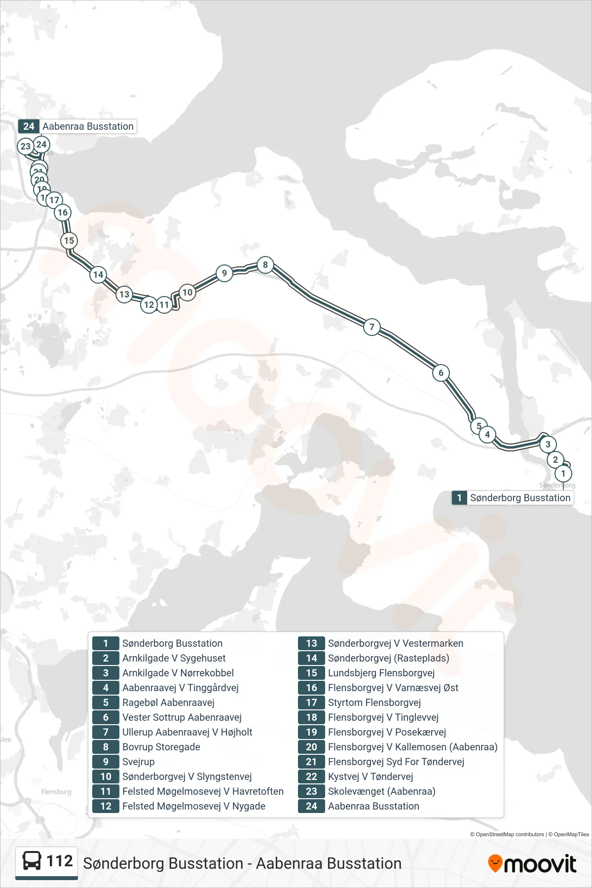 112 bus Linje (Aabenraa Busstation) rute og stop på et kort