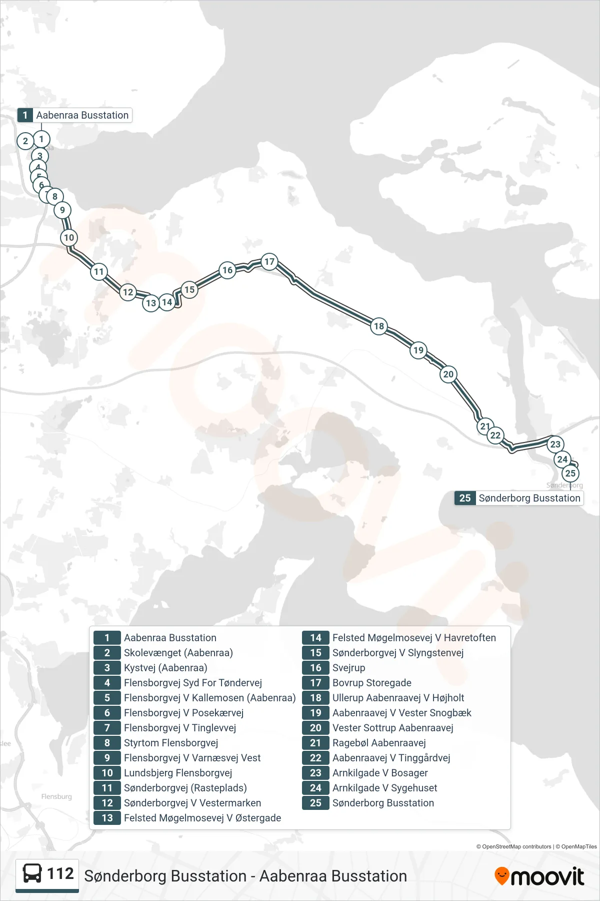 112 bus Linje (Sønderborg Busstation) rute og stop på et kort