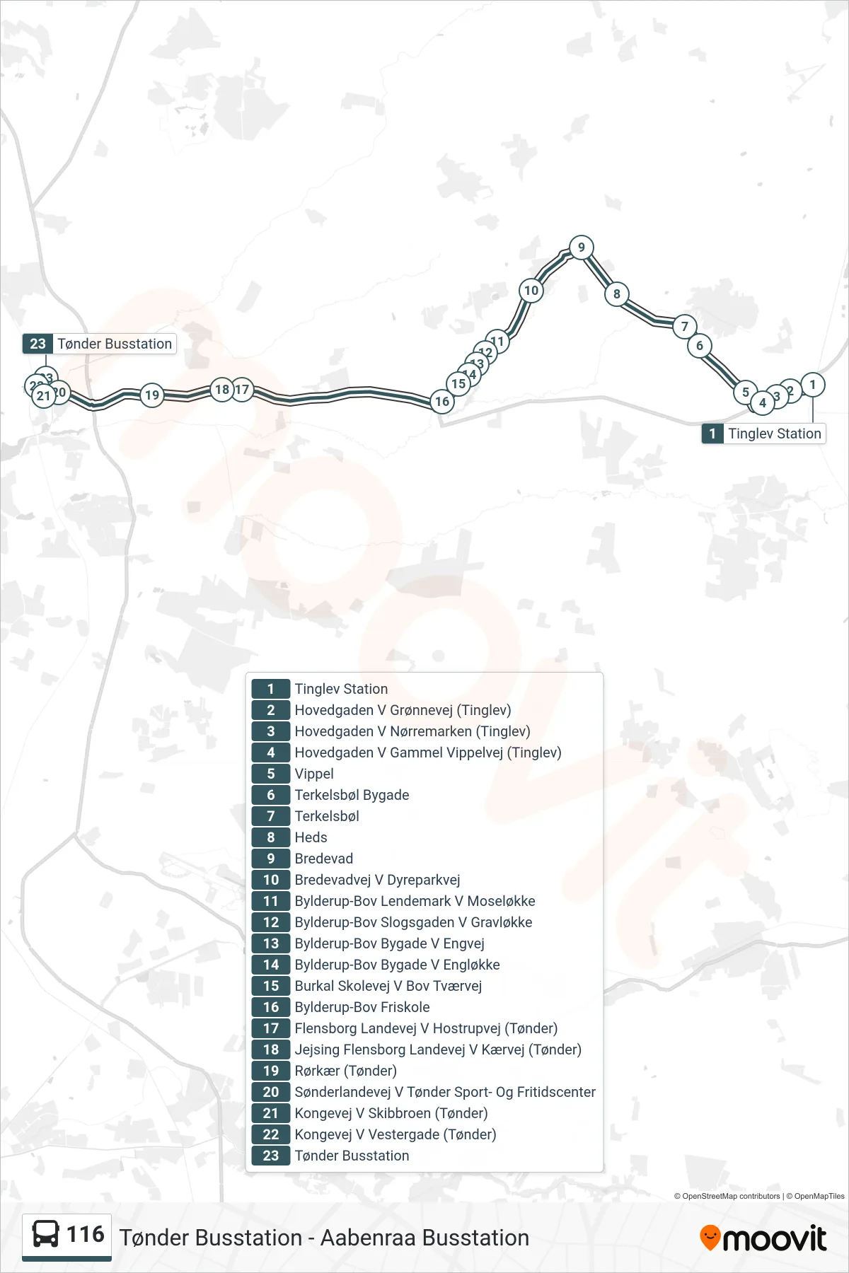 116 bus Linje (Tønder Busstation) rute og stop på et kort