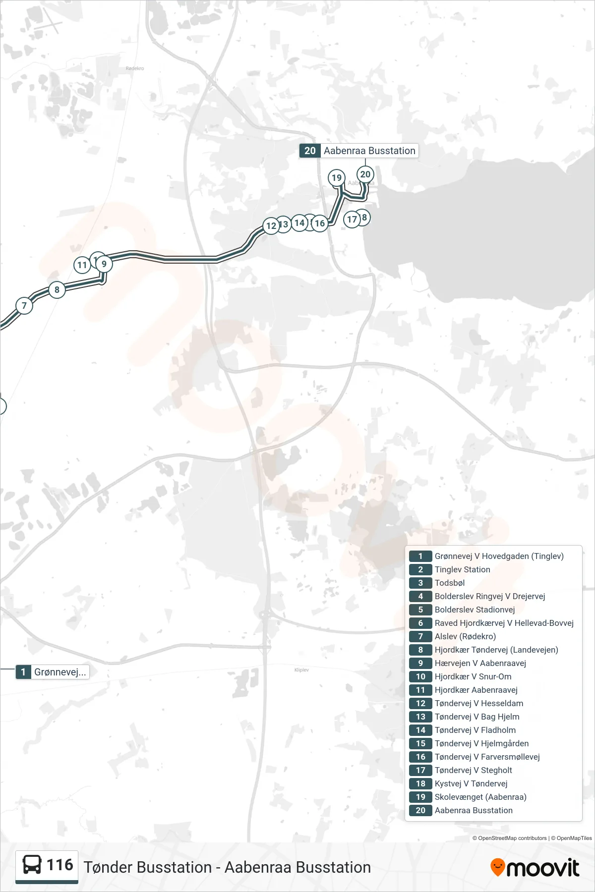116 bus Linje (Aabenraa Busstation) rute og stop på et kort