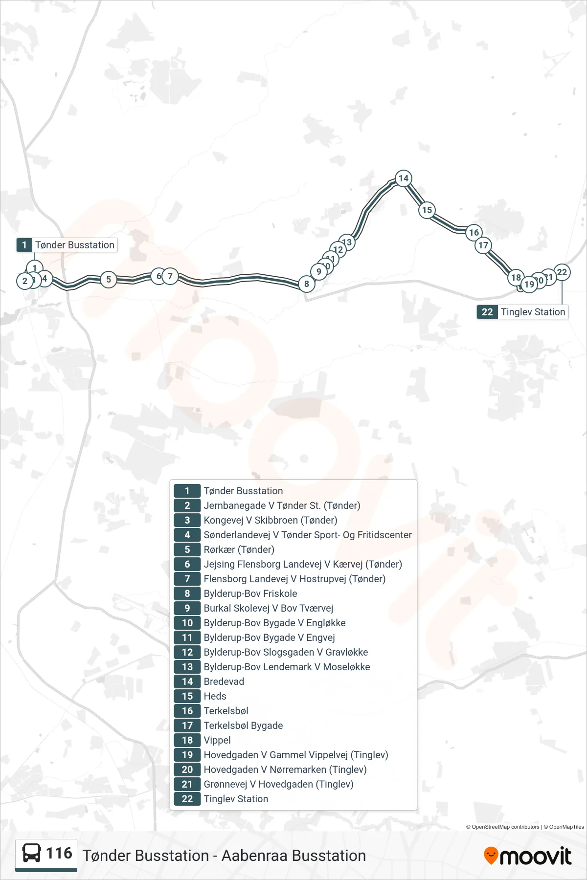116 bus Linje (Tinglev Station (Bus)) rute og stop på et kort