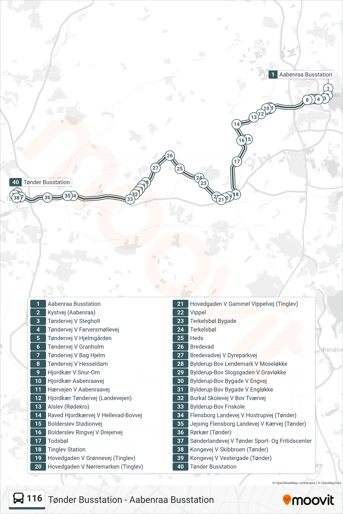 116 bus Linje (Tønder) rute og stop på et kort