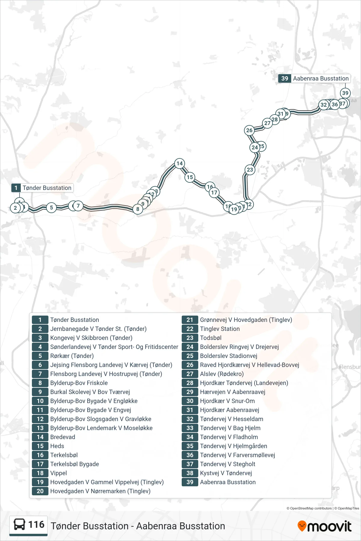 116 bus Linje (Aabenraa) rute og stop på et kort