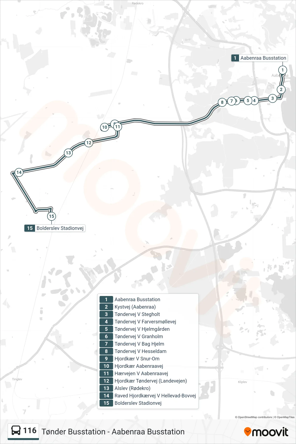 116 bus Linje (Bolderslev Stadionvej) rute og stop på et kort
