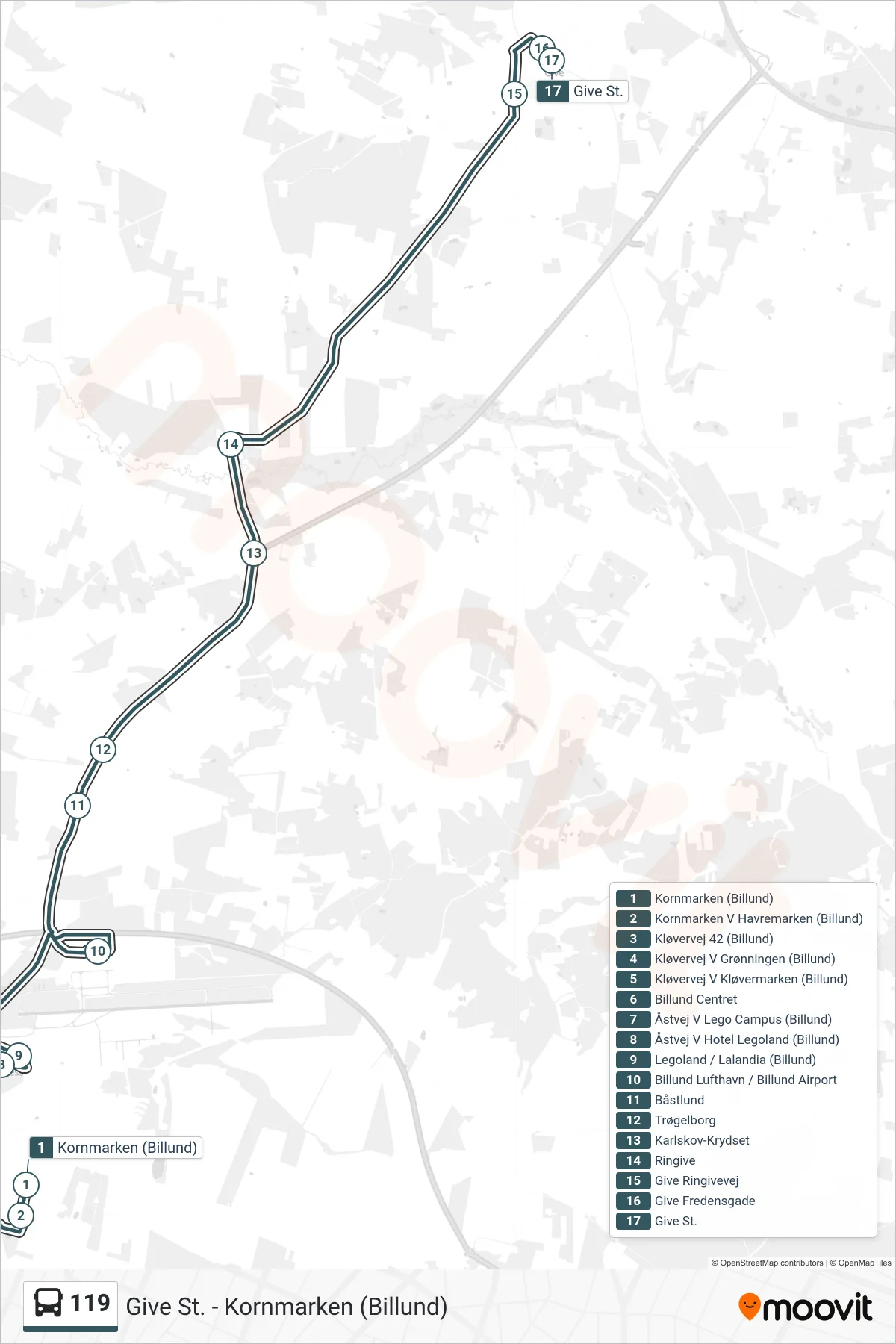 119 bus Linje (Give St. (Bus)) rute og stop på et kort