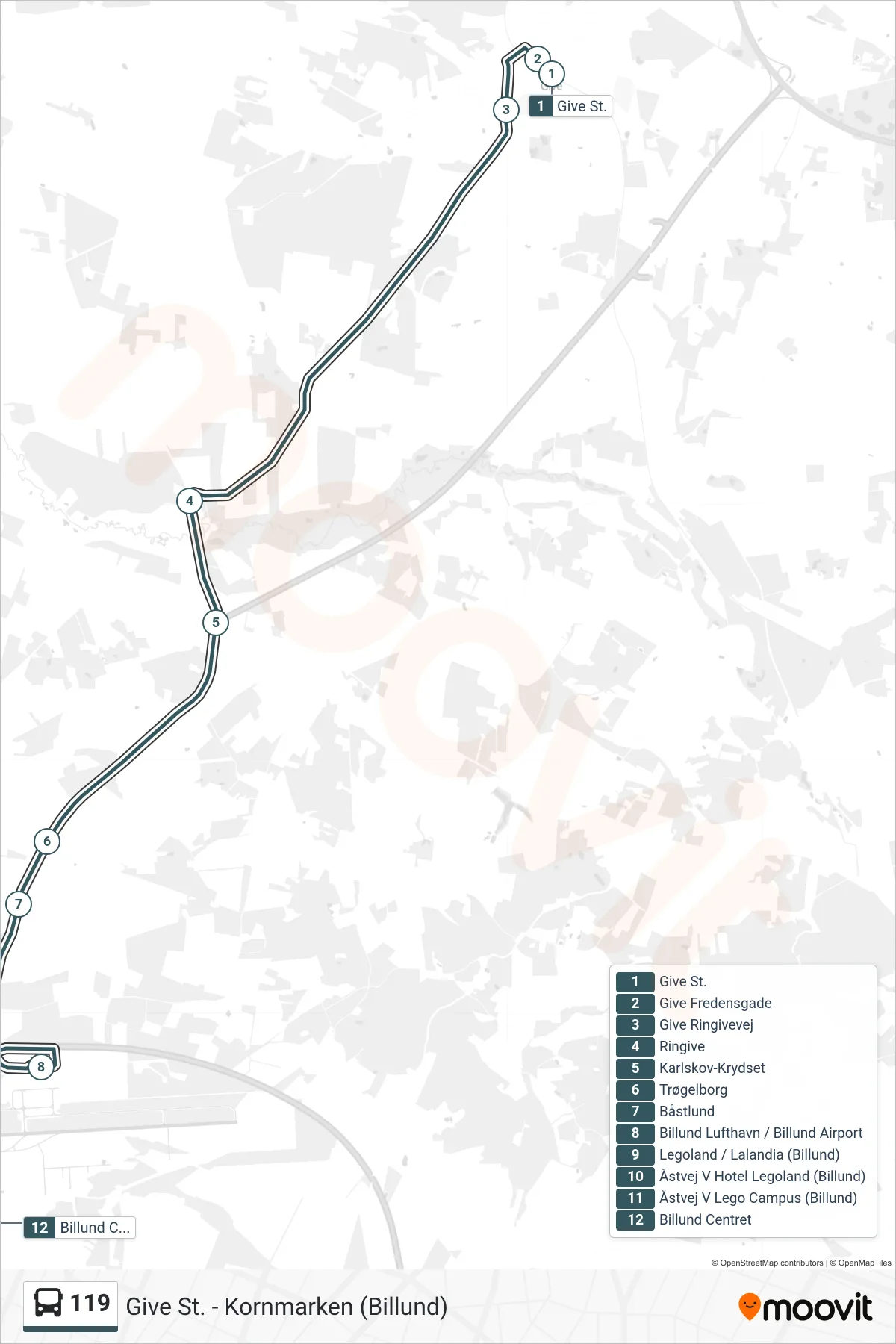 119 bus Linje (Billund Centret) rute og stop på et kort