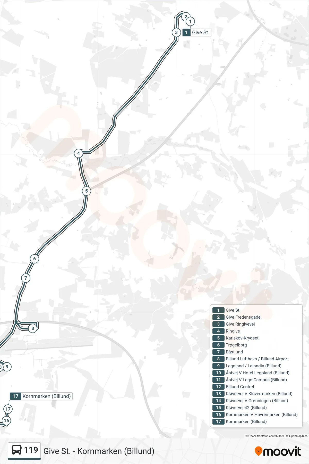 119 bus Linje (Kornmarken (Billund)) rute og stop på et kort